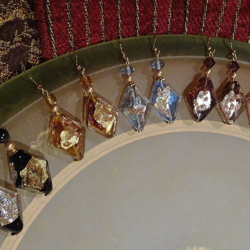 Handcrafted earrings made from diamond-shaped Murano